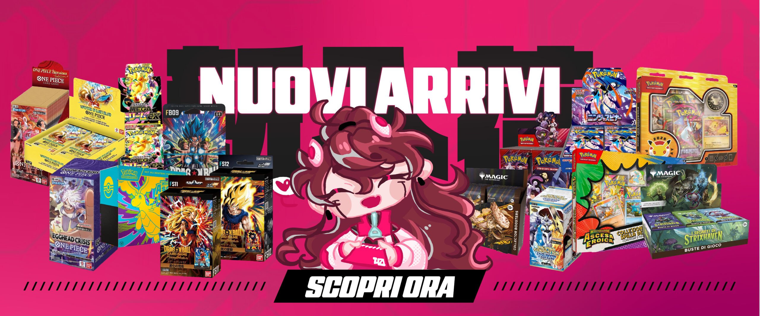 Nuovi arrivi TCG con box e prodotti disponibili nello shop tra Pokémon, One Piece e altri giochi
